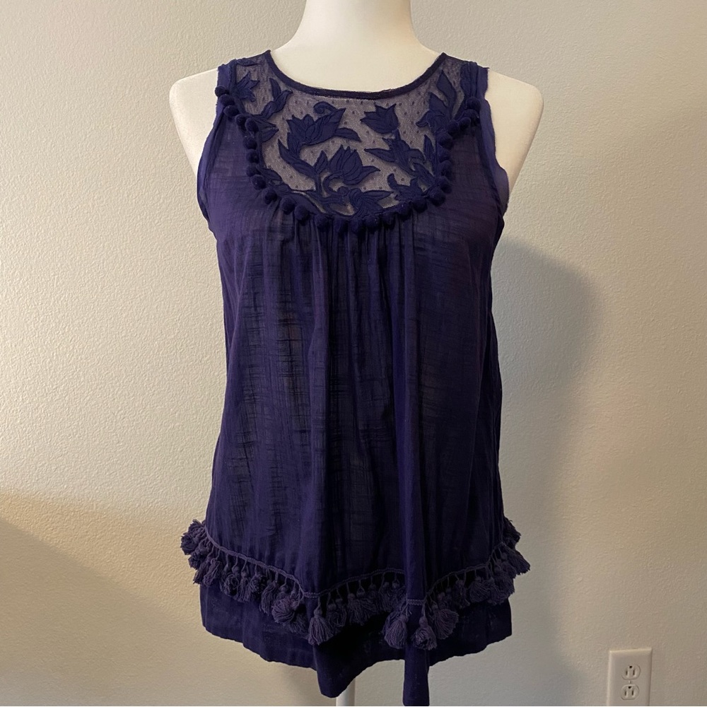 Anthropologie Floreat Blue Lace Pom Pom Tassel Cotton Sleeveless Blouse
